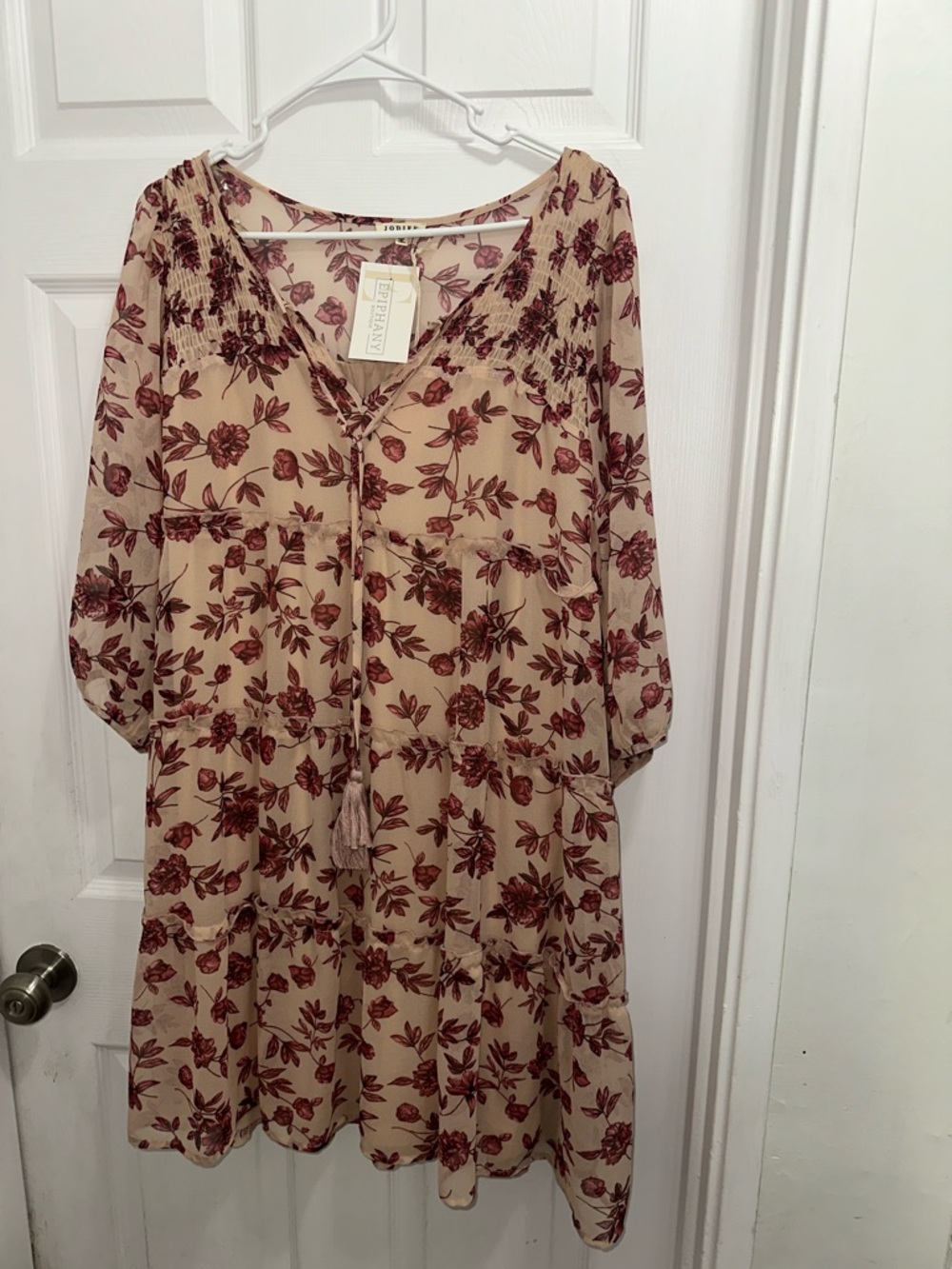 Jodifl Boho Floral Tiered Dress in Beige with Burgundy Print NWT